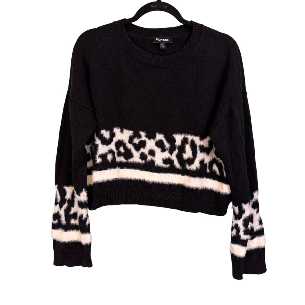 Express Crop Sweater Top Women M Knit Leopard Long Sleeves Pullover Black White